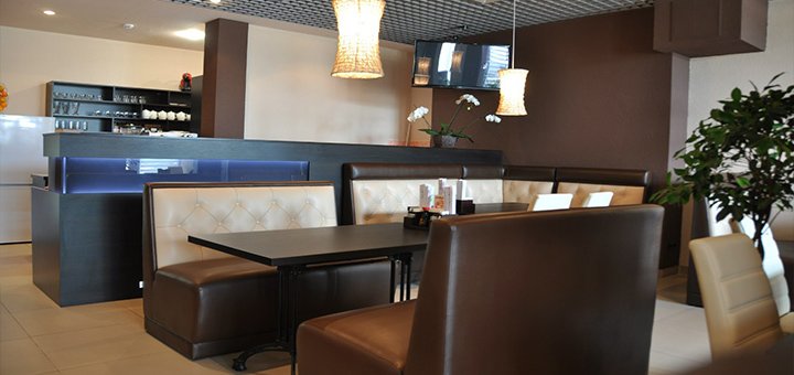 The interior of the sushi bar "Hanami". Order sushi at a discount